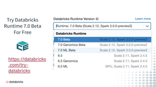 Try Databricks
Runtime 7.0 Beta
For Free
https://databricks
.com/try-
databricks
 