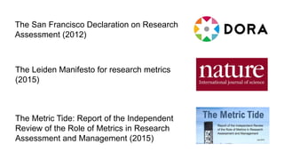 The San Francisco Declaration on Research
Assessment (2012)
The Leiden Manifesto for research metrics
(2015)
The Metric Tide: Report of the Independent
Review of the Role of Metrics in Research
Assessment and Management (2015)
 
