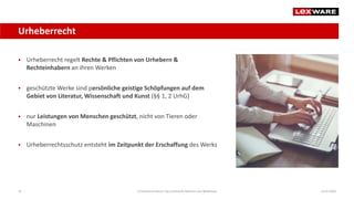  Urheberrecht regelt Rechte & Pflichten von Urhebern &
Rechteinhabern an ihren Werken
 geschützte Werke sind persönliche geistige Schöpfungen auf dem
Gebiet von Literatur, Wissenschaft und Kunst (§§ 1, 2 UrhG)
 nur Leistungen von Menschen geschützt, nicht von Tieren oder
Maschinen
 Urheberrechtsschutz entsteht im Zeitpunkt der Erschaffung des Werks
14.07.2020E-Commerce-Recht: Der juristische Rahmen von Webshops16
Urheberrecht
 