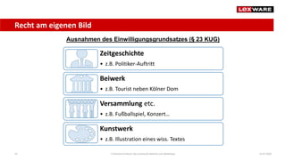 Recht am eigenen Bild
14.07.2020E-Commerce-Recht: Der juristische Rahmen von Webshops23
Zeitgeschichte
• z.B. Politiker-Auftritt
Beiwerk
• z.B. Tourist neben Kölner Dom
Versammlung etc.
• z.B. Fußballspiel, Konzert…
Kunstwerk
• z.B. Illustration eines wiss. Textes
Ausnahmen des Einwilligungsgrundsatzes (§ 23 KUG)
 