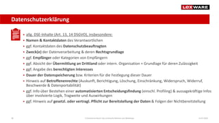 Datenschutzerklärung
14.07.2020E-Commerce-Recht: Der juristische Rahmen von Webshops38
 allg. DSE-Inhalte (Art. 13, 14 DSGVO), insbesondere:
 Namen & Kontaktdaten des Verantwortlichen
 ggf. Kontaktdaten des Datenschutzbeauftragten
 Zweck(e) der Datenverarbeitung & deren Rechtsgrundlage
 ggf. Empfänger oder Kategorien von Empfängern
 ggf. Absicht der Übermittlung an Drittland oder intern. Organisation + Grundlage für deren Zulässigkeit
 ggf. Angabe des berechtigten Interesses
 Dauer der Datenspeicherung bzw. Kriterien für die Festlegung dieser Dauer
 Hinweis auf Betroffenenrechte (Auskunft, Berichtigung, Löschung, Einschränkung, Widerspruch, Widerruf,
Beschwerde & Datenportabilität)
 ggf. Info über Bestehen einer automatisierten Entscheidungsfindung (einschl. Profiling) & aussagekräftige Infos
über involvierte Logik, Tragweite und Auswirkungen
 ggf. Hinweis auf gesetzl. oder vertragl. Pflicht zur Bereitstellung der Daten & Folgen der Nichtbereitstellung
 
