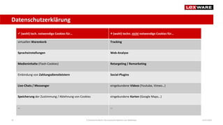 Datenschutzerklärung
14.07.2020E-Commerce-Recht: Der juristische Rahmen von Webshops42
 (wohl) tech. notwendige Cookies für…  (wohl) techn. nicht notwendige Cookies für…
virtuellen Warenkorb Tracking
Spracheinstellungen Web-Analyse
Medieninhalte (Flash-Cookies) Retargeting / Remarketing
Einbindung von Zahlungsdienstleistern Social-Plugins
Live-Chats / Messenger eingebundene Videos (Youtube, Vimeo…)
Speicherung der Zustimmung / Ablehnung von Cookies eingebundene Karten (Google Maps…)
… …
 