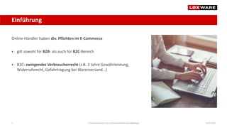 Online-Händler haben div. Pflichten im E-Commerce
 gilt sowohl für B2B- als auch für B2C-Bereich
 B2C: zwingendes Verbraucherrecht (z.B. 2 Jahre Gewährleistung,
Widerrufsrecht, Gefahrtragung bei Warenversand…)
14.07.2020E-Commerce-Recht: Der juristische Rahmen von Webshops5
Einführung
 