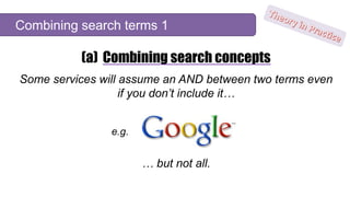(a) Combining search concepts
Some services will assume an AND between two terms even
if you don’t include it…
… but not a...