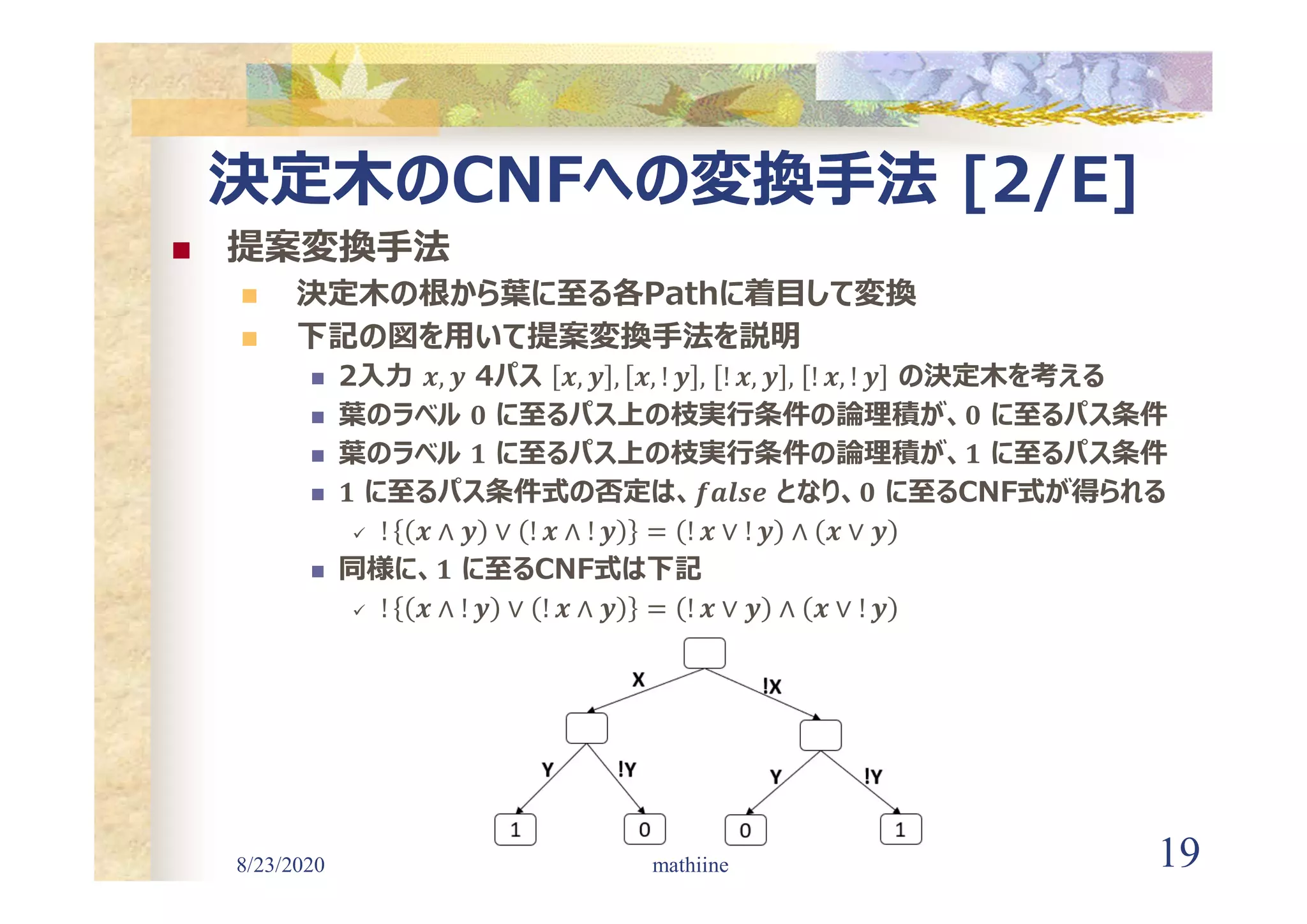 8/23/2020 19
決定木のCNFへの変換手法 [2/E]
 提案変換手法
 決定木の根から葉に至る各Pathに着目して変換
 下記の図を用いて提案変換手法を説明
 2入力 4パス の決定木を考える
 葉のラベル に至るパス上の枝実行条件の論理積が、 に至るパス条件
 葉のラベル に至るパス上の枝実行条件の論理積が、 に至るパス条件
 に至るパス条件式の否定は、 となり、 に至るCNF式が得られる

 同様に、 に至るCNF式は下記

mathiine
 