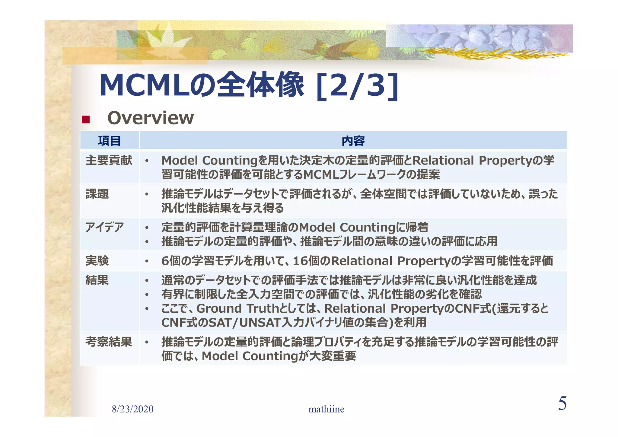 8/23/2020 5
MCMLの全体像 [2/3]
 Overview
mathiine
項目 内容
主要貢献 • Model Countingを用いた決定木の定量的評価とRelational Propertyの学
習可能性の評価を可能とするMCMLフレームワークの提案
課題 • 推論モデルはデータセットで評価されるが、全体空間では評価していないため、誤った
汎化性能結果を与え得る
アイデア • 定量的評価を計算量理論のModel Countingに帰着
• 推論モデルの定量的評価や、推論モデル間の意味の違いの評価に応用
実験 • 6個の学習モデルを用いて、16個のRelational Propertyの学習可能性を評価
結果 • 通常のデータセットでの評価手法では推論モデルは非常に良い汎化性能を達成
• 有界に制限した全入力空間での評価では、汎化性能の劣化を確認
• ここで、Ground Truthとしては、Relational PropertyのCNF式(還元すると
CNF式のSAT/UNSAT入力バイナリ値の集合)を利用
考察結果 • 推論モデルの定量的評価と論理プロパティを充足する推論モデルの学習可能性の評
価では、Model Countingが大変重要
 