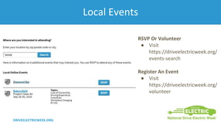 Local Events
DRIVEELECTRICWEEK.ORG
RSVP Or Volunteer
● Visit
https://driveelectricweek.org/
events-search
Register An Event
● Visit
https://driveelectricweek.org/
volunteer
 