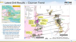 10
Latest Drill Results – Courvan Trend
▷ The Courvan Trend is 1.5km east of
Probe’s New Beliveau Deposit, and
parallel to the Pascalis Gold trend
▷ Contributed 773,400 oz of inferred
Gold to the last resource estimate
▷ New winter drilling results show
thick, high-grade mineralization
▷ 8.9 g/t Au over 10.8m, near surface
▷ 8.8 g/t Au over 7.0m, near surface
▷ 6.8 g/t Au over 14.0m
 