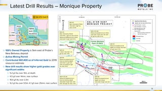 11
Latest Drill Results – Monique Property
▷ 100% Owned Property is 5km east of Probe’s
New Beliveau deposit
▷ Active Mining Permit
▷ Contributed 661,400 oz of Inferred Gold to 2019
resource estimate
▷ New drill results show higher gold grades over
significant widths
▷ 5.2 g/t Au over 14m, at depth
▷ 4.5 g/t over 14mm, near surface
▷ 18.4 g/t Au over 2.3m
▷ 9.2 g/t Au over 9.5m; 4.1 g/t over 25mm, near surface
 