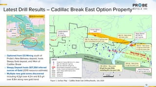 12
Latest Drill Results – Cadillac Break East Option Property
▷ Optioned from O3 Mining south of
Probe’s New Beliveau deposit, hosts
Sleepy Gold deposit, and 14km of
Cadillac Break
▷ Sleepy Deposit hosts 307,350 inferred
ounces of Gold (2019 resource estimate)
▷ Multiple new gold zones discovered
including 4.2g/t over 4.2m and 8.0 g/t
over 8.8m along new gold trend
 