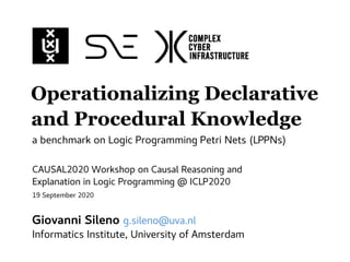 Operationalizing Declarative
CAUSAL2020 Workshop on Causal Reasoning and
Explanation in Logic Programming @ ICLP2020
Giovanni Sileno g.sileno@uva.nl
Informatics Institute, University of Amsterdam
a benchmark on Logic Programming Petri Nets (LPPNs)
19 September 2020
and Procedural Knowledge
 