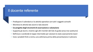 Il docente referente
• Predispone il calendario e le attività operative con tutti i soggetti coinvolti
• Monitora le attività lato alunni e lato docenti
• Co-progetta degli strumenti di osservazione e valutazione
• Supporta gli alunni, insieme agli altri membri del Cdc (li guida senza mai sostituirsi)
• Definisce e condivide le tappe intermedie per valutare lo stato avanzamento lavori
• Invia i prodotti finiti a Ucimu una settimana prima della presentazione in plenaria
 