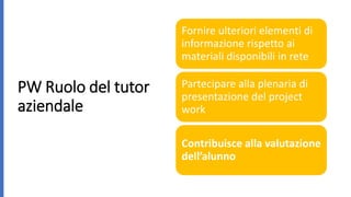 PW Ruolo del tutor
aziendale
Fornire ulteriori elementi di
informazione rispetto ai
materiali disponibili in rete
Partecipare alla plenaria di
presentazione del project
work
Contribuisce alla valutazione
dell’alunno
 