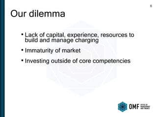 Our dilemma
6
• Lack of capital, experience, resources to
build and manage charging
• Immaturity of market
• Investing outside of core competencies
 