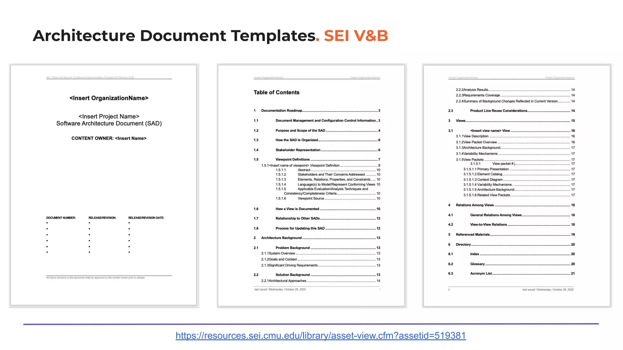 Architecture Document Templates. SEI V&B
https://resources.sei.cmu.edu/library/asset-view.cfm?assetid=519381
 