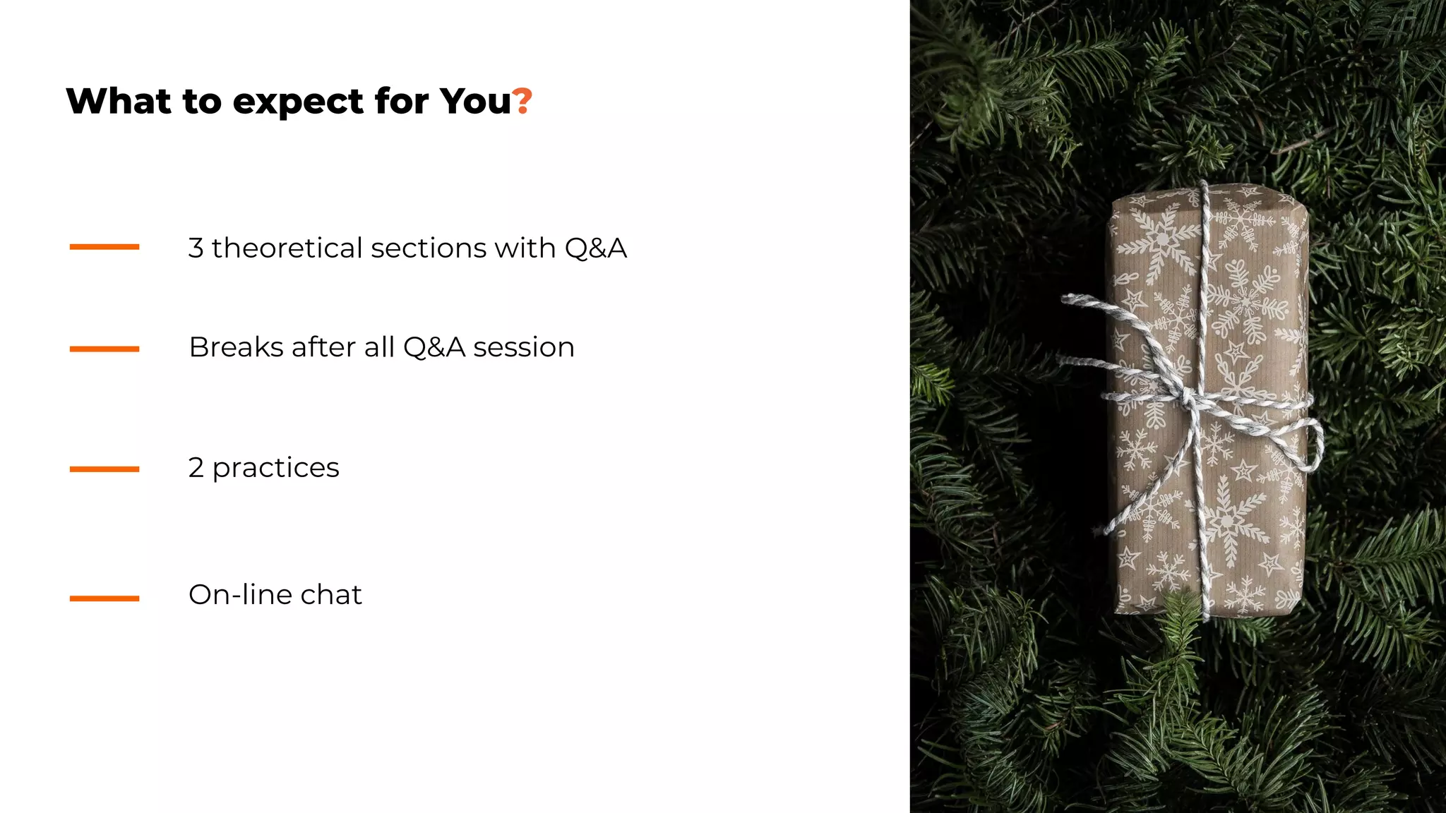 What to expect for You?
Breaks after all Q&A session
3 theoretical sections with Q&A
On-line chat
2 practices
 