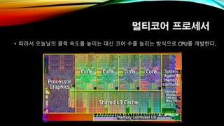 멀티코어 프로세서
• 따라서 오늘날의 클럭 속도를 높이는 대신 코어 수를 늘리는 방식으로 CPU를 개발한다.
 