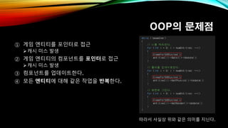 OOP의 문제점
① 게임 엔티티를 포인터로 접근
캐시 미스 발생
② 게임 엔티티의 컴포넌트를 포인터로 접근
캐시 미스 발생
③ 컴포넌트를 업데이트한다.
④ 모든 엔티티에 대해 같은 작업을 반복한다.
따라서 사실상 위와 같은 의미를 지닌다.
 