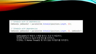 JobParallelFor의 핸들의 스케줄 함수는 조금 더 복잡하다.
첫번째 매개변수는 For의 반복 횟수를 의미하고,
두번째는 각 Worker Thread당 몇 개의 잡을 처리할지를 의미한다.
 