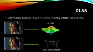 DLSS
• 우선 엔비디아 슈퍼컴퓨터의 AI에게 저해상도 이미지와 고해상도 이미지를 준다.
Nvidia Super Computer
AI Model
 