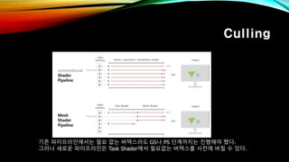 Culling
기존 파이프라인에서는 필요 없는 버텍스라도 GS나 PS 단계까지는 진행해야 했다.
그러나 새로운 파이프라인은 Task Shader에서 필요없는 버텍스를 사전에 버릴 수 있다.
 