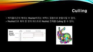 Culling
• 하이폴리곤의 메쉬는 Meshlet이라는 버텍스 집합으로 분할시킬 수 있다.
• Meshlet으로 묶어 한 번의 테스트로 Meshlet 전체를 Culling 할 수 있다.
 