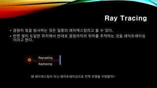 Ray Tracing
• 광원이 빛을 방사하는 것은 일종의 레이캐스팅라고 볼 수 있다.
• 반면 빛이 도달한 위치에서 반대로 광원까지의 위치를 추적하는 것을 레이트레이싱
이라고 한다.
Raycasting
Raytracing
왜 레이캐스팅이 아닌 레이트레이싱으로 전역 조명을 구현할까?
 