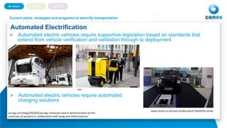 11
Automated Electrification
Autonomous Vehicles and eMobilityCurrent pilots, strategies and programs to electrify transportation
DHL
aurrigo.com/blog/2020/02/aurrigo-showcase-swarm-demonstration-at-the-
university-of-warwick-in-collaboration-with-wmg-and-milton-keynes/
 Automated electric vehicles require supportive legislation based on standards that
extend from vehicle verification and validation through to deployment
 Automated electric vehicles require automated
charging solutions
www.cenex.co.uk/case-studies/wicet-feasibility-study
 