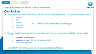 13
Conclusions
 Activities for electrification of transport are both mobility and energy related. Can split in 5 areas as follows:
 Headline
 Deep
 Extended
 Automated
 Alternative
 No one has all the answers. Progress comes through listening to and sharing ‘best of current’ and ‘what
next’ via
 www.cenex.co.ukresources
 www.cenex-lcv.co.uk (18th and 19th November 2020)
 International engagement
 Cenex DNA = partnership working to advance electrification to Net Zero
Autonomous Vehicles and eMobilityCurrent pilots, strategies and programs to electrify transportation
Both R&D and mass market adoption support
 