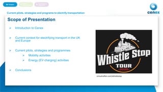 2
Scope of Presentation
 Introduction to Cenex
 Current context for electrifying transport in the UK
and Europe
 Current pilots, strategies and programmes
 Mobility activities
 Energy (EV charging) activities
 Conclusions
Autonomous Vehicles and eMobilityCurrent pilots, strategies and programs to electrify transportation
virtualrailfan.com/whistlestop
 