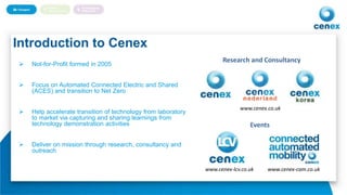 3
Introduction to Cenex
 Not-for-Profit formed in 2005
 Focus on Automated Connected Electric and Shared
(ACES) and transition to Net Zero
 Help accelerate transition of technology from laboratory
to market via capturing and sharing learnings from
technology demonstration activities
 Deliver on mission through research, consultancy and
outreach
www.cenex-lcv.co.uk www.cenex-cam.co.uk
Research and Consultancy
Events
www.cenex.co.uk
 