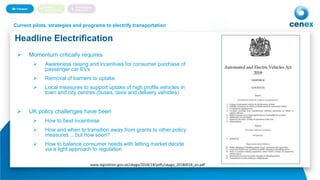 6
Headline Electrification
Autonomous Vehicles and eMobilityCurrent pilots, strategies and programs to electrify transportation
 Momentum critically requires
 Awareness raising and incentives for consumer purchase of
passenger car EVs
 Removal of barriers to uptake
 Local measures to support uptake of high profile vehicles in
town and city centres (buses, taxis and delivery vehicles)
 UK policy challenges have been
 How to best incentivise
 How and when to transition away from grants to other policy
measures …but how soon?
 How to balance consumer needs with letting market decide
via a light approach to regulation
www.legislation.gov.uk/ukpga/2018/18/pdfs/ukpga_20180018_en.pdf
 