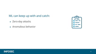 ML can keep up with and catch:
● Zero-day attacks
● Anomalous behavior
18
 