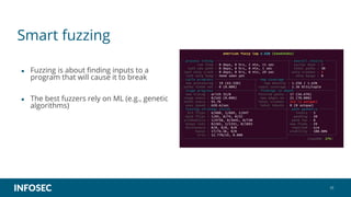 Smart fuzzing
25
● Fuzzing is about finding inputs to a
program that will cause it to break
● The best fuzzers rely on ML (e.g., genetic
algorithms)
 