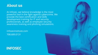 About us
At Infosec, we believe knowledge is the most
powerful tool in the fight against cybercrime. We
provide the best certification and skills
development training for IT and security
professionals, as well as employee security
awareness training and phishing simulations.
infosecinstitute.com
708.689.0131
32
 