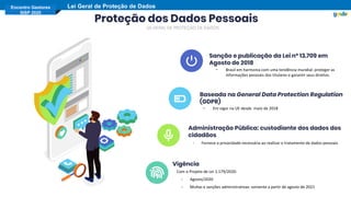 Encontro Gestores
SISP 2020
Lei Geral de Proteção de Dados
Proteção dos Dados Pessoais
LEI GERAL DE PROTEÇÃO DE DADOS
Baseada na General Data Protection Regulation
(GDPR)
- Em vigor na UE desde maio de 2018
Vigência
Com o Projeto de Lei 1.179/2020:
- Agosto/2020
- Multas e sanções administrativas: somente a partir de agosto de 2021
Sanção e publicação da Lei nº 13.709 em
Agosto de 2018
- Brasil em harmonia com uma tendência mundial: proteger as
informações pessoais dos titulares e garantir seus direitos.
Administração Pública: custodiante dos dados dos
cidadãos
- Fornece a privacidade necessária ao realizar o tratamento de dados pessoais
 