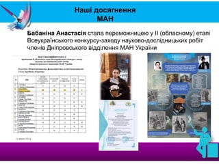 Наші досягнення
МАН
Бабаніна Анастасія стала переможницею у ІІ (обласному) етапі
Всеукраїнського конкурсу-заходу науково-дослідницьких робіт
членів Дніпровського відділення МАН України
 