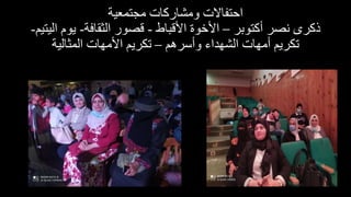 ‫مجتمعية‬ ‫ومشاركات‬ ‫احتااالت‬
‫أكتوبر‬ ‫نصر‬ ‫ذكرى‬
–
‫األقباط‬ ‫األخوة‬
-
‫الثقافة‬ ‫قصور‬
-
‫يوم‬
‫اليتيم‬
-
‫وأسرهم‬ ‫الشهداء‬ ‫أمهات‬ ‫تكريم‬
–
‫المثالية‬ ‫األمهات‬ ‫تكريم‬
 