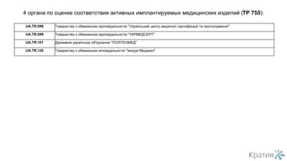 UA.TR.098 Товариство з обмеженою відповідальністю "Український центр медичної сертифікації та прогнозування"
UA.TR.099 Товариство з обмеженою відповідальністю "УКРМЕДСЕРТ"
UA.TR.101 Державне українське об'єднання "ПОЛІТЕХМЕД"
UA.TR.120 Товариство з обмеженою віповідальністю "Імпрув Медикал"
4 органа по оценке соответствия активных имплантируемых медицинских изделий (ТР 755):
 