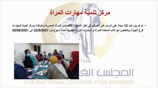 ‫المرأة‬ ‫مهارات‬ ‫تنمية‬ ‫مركز‬
•
‫عدد‬ ‫تدريب‬ ‫تم‬
12
‫ا‬ ‫تنمية‬ ‫بمركز‬ ‫والوافدة‬ ‫المصرية‬ ‫للمرأة‬ ‫االقتصادى‬ ‫التمكين‬ ‫اطار‬ ‫فى‬ ‫القماش‬ ‫على‬ ‫الرسم‬ ‫على‬ ‫سيدة‬
‫لمهارات‬
‫من‬ ‫أسبوع‬ ‫لمدة‬ ‫التدريبة‬ ‫الدورة‬ ‫استمرت‬ ‫و‬ ‫للمرأة‬ ‫المتحدة‬ ‫االمم‬ ‫مع‬ ‫وبالتعاون‬ ‫الجيزة‬ ‫فرع‬
22/8/2021
‫الي‬
26/08/2021
.
 