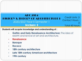• Gothic and Early Renaissance Architecture: The idea of
rebirth and revival of art and architecture.
• Renaissance
• Baroque
• Rococo
• 18th century architecture
• Late 18th century American architecture
• 19th century
ARC 2104
HISTORY & THEORY OF ARCHITECTURE I
2020/2021Year II Semester 1
lecture 3
Credit Units :3
Contact Hours :
3
Total 45 hours
Students will acquire knowledge and understanding of :
 