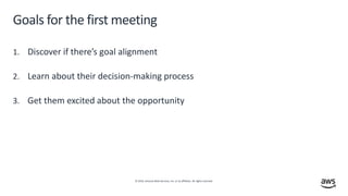 © 2019, Amazon Web Services, Inc. or its affiliates. All rights reserved.
Goals for the first meeting
1. Discover if there’s goal alignment
2. Learn about their decision-making process
3. Get them excited about the opportunity
 