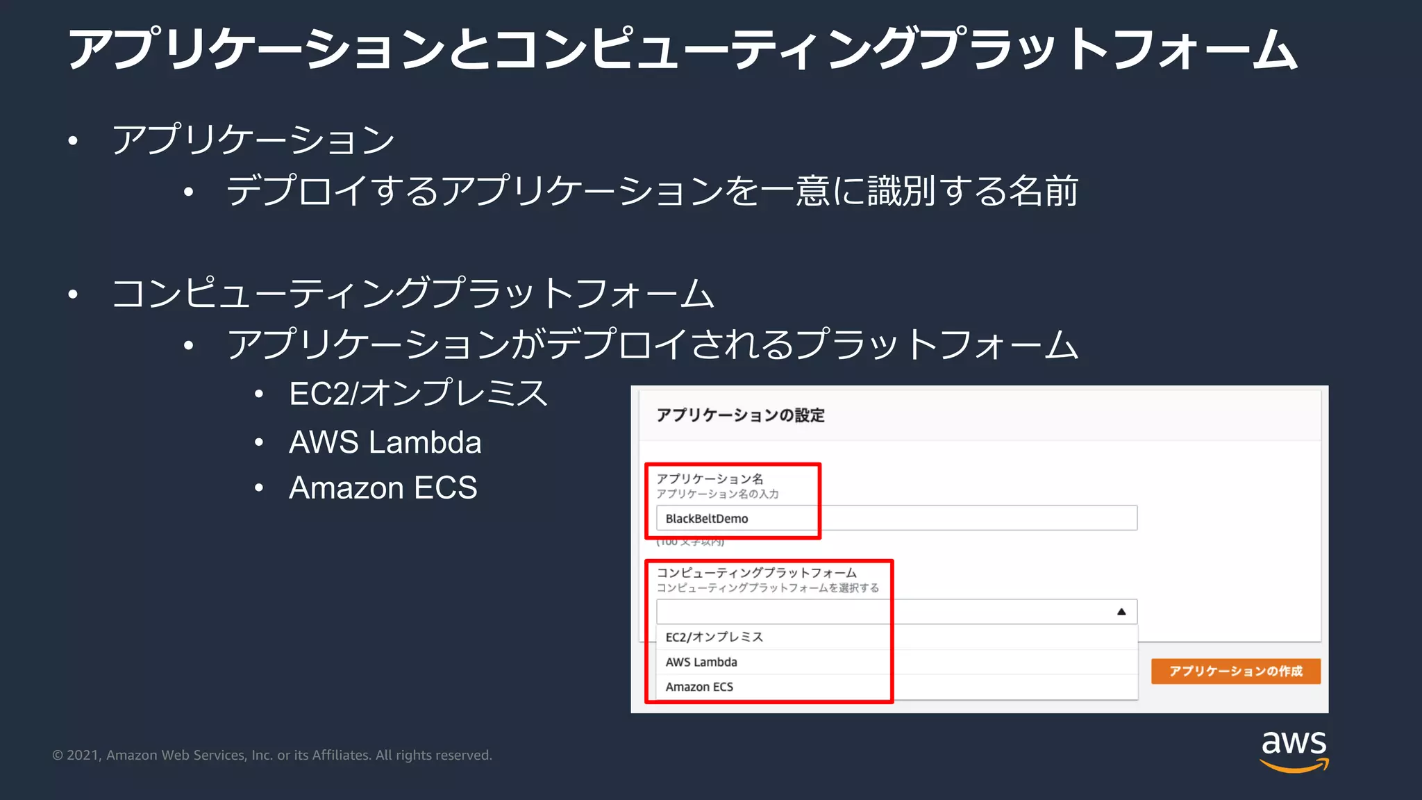 © 2021, Amazon Web Services, Inc. or its Affiliates. All rights reserved.
アプリケーションとコンピューティングプラットフォーム
• アプリケーション
• デプロイするアプリケーションを一意に識別する名前
• コンピューティングプラットフォーム
• アプリケーションがデプロイされるプラットフォーム
• EC2/オンプレミス
• AWS Lambda
• Amazon ECS
 