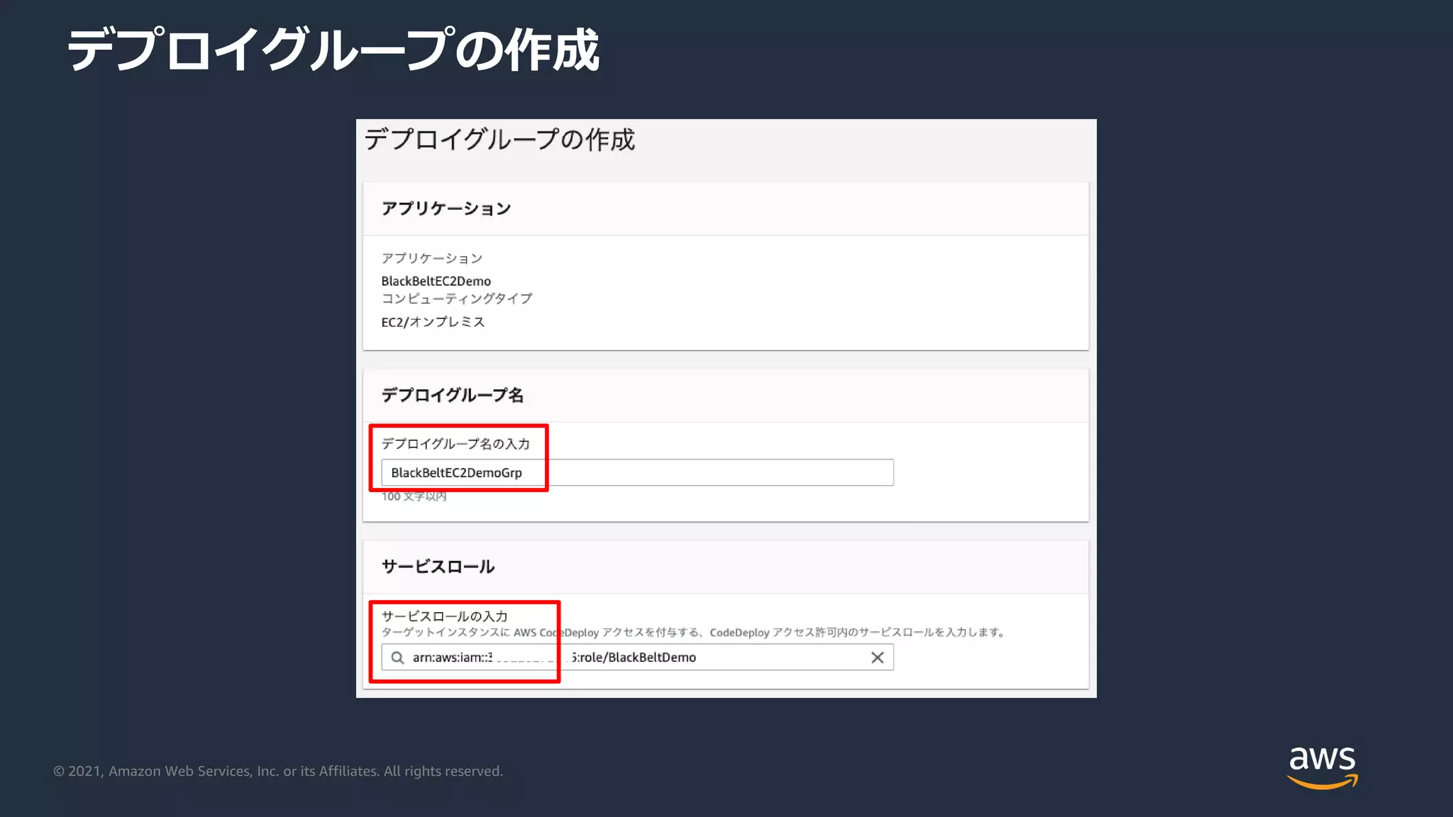 © 2021, Amazon Web Services, Inc. or its Affiliates. All rights reserved.
デプロイグループの作成
 