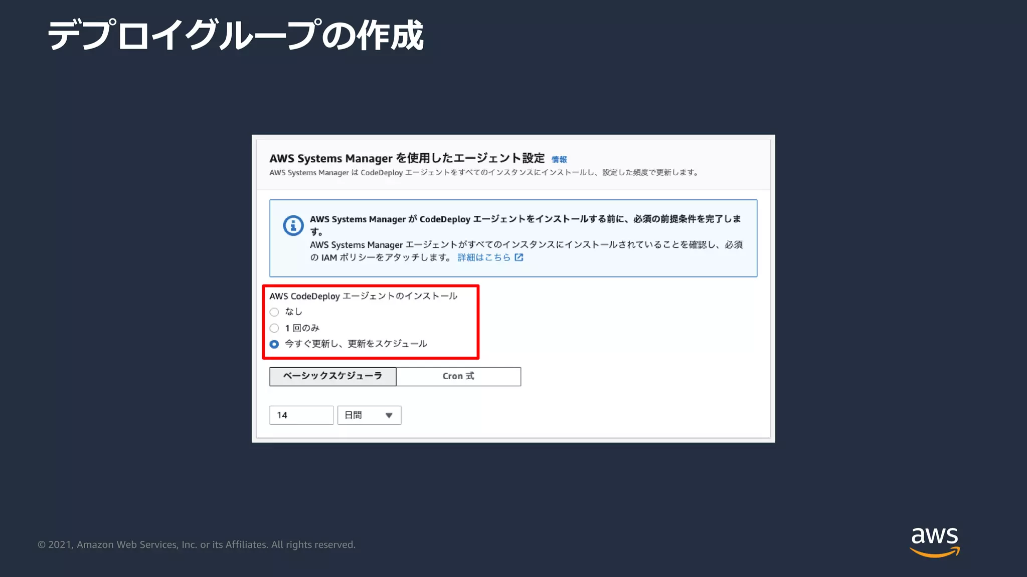 © 2021, Amazon Web Services, Inc. or its Affiliates. All rights reserved.
デプロイグループの作成
 