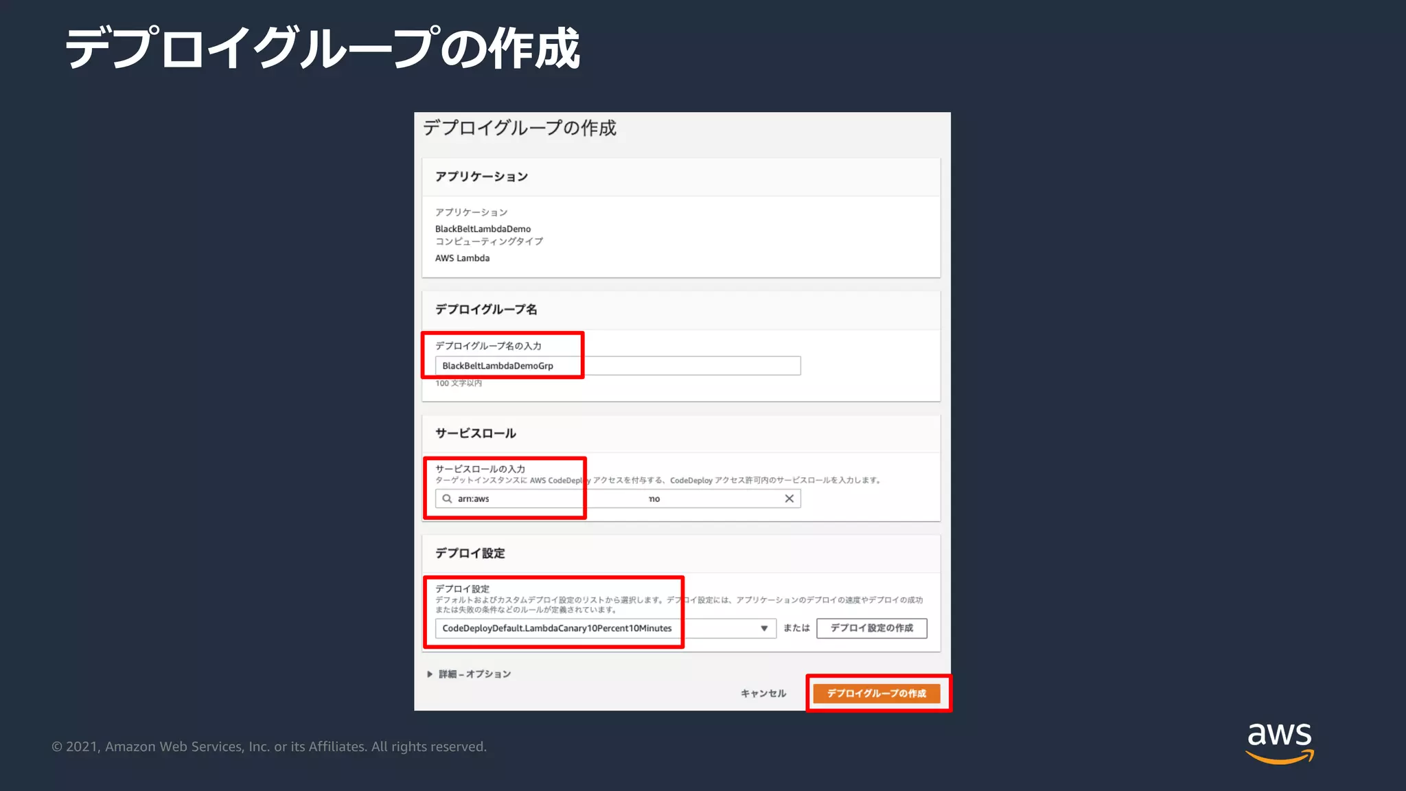 © 2021, Amazon Web Services, Inc. or its Affiliates. All rights reserved.
デプロイグループの作成
 