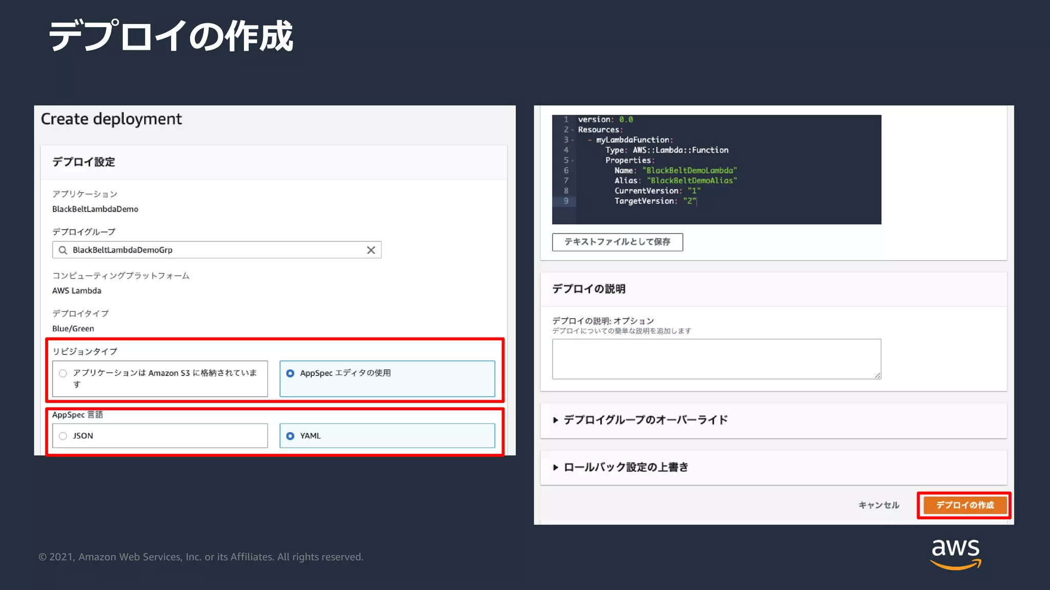 © 2021, Amazon Web Services, Inc. or its Affiliates. All rights reserved.
デプロイの作成
 