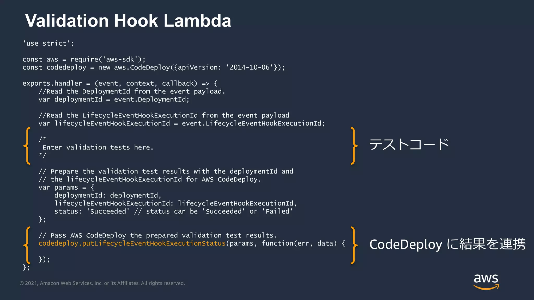 © 2021, Amazon Web Services, Inc. or its Affiliates. All rights reserved.
Validation Hook Lambda
'use strict';
const aws = require('aws-sdk');
const codedeploy = new aws.CodeDeploy({apiVersion: '2014-10-06'});
exports.handler = (event, context, callback) => {
//Read the DeploymentId from the event payload.
var deploymentId = event.DeploymentId;
//Read the LifecycleEventHookExecutionId from the event payload
var lifecycleEventHookExecutionId = event.LifecycleEventHookExecutionId;
/*
Enter validation tests here.
*/
// Prepare the validation test results with the deploymentId and
// the lifecycleEventHookExecutionId for AWS CodeDeploy.
var params = {
deploymentId: deploymentId,
lifecycleEventHookExecutionId: lifecycleEventHookExecutionId,
status: 'Succeeded' // status can be 'Succeeded' or 'Failed'
};
// Pass AWS CodeDeploy the prepared validation test results.
codedeploy.putLifecycleEventHookExecutionStatus(params, function(err, data) {
});
};
CodeDeploy に結果を連携
テストコード
 