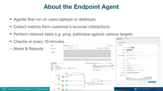 11
Copyright ©2020 ThousandEyes, Inc. All Rights Reserved.  @ThousandEyes
About the Endpoint Agent
• Agents that run on users laptops or desktops
• Collect metrics from customer’s browser interactions
• Perform network tests e.g. ping, pathtrace against various targets
• Checks-in every 10 minutes
• Alerts & Reports
 