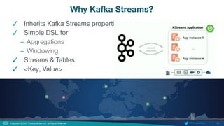 14
Copyright ©2020 ThousandEyes, Inc. All Rights Reserved.  @ThousandEyes
Why Kafka Streams?
✓ Inherits Kafka Streams properties
✓ Simple DSL for
– Aggregations
– Windowing
✓ Streams & Tables
✓ <Key, Value>
 
